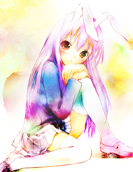 saeki touma, reisen udongein inaba, touhou, bad id, bad pixiv id, 1girl, :<, animal ears, blazer, blush, brown eyes, female focus, gradient background, hugging own legs, jacket, long hair, purple hair, rabbit ears, skirt, solo, thighhighs, white background, white thighhighs