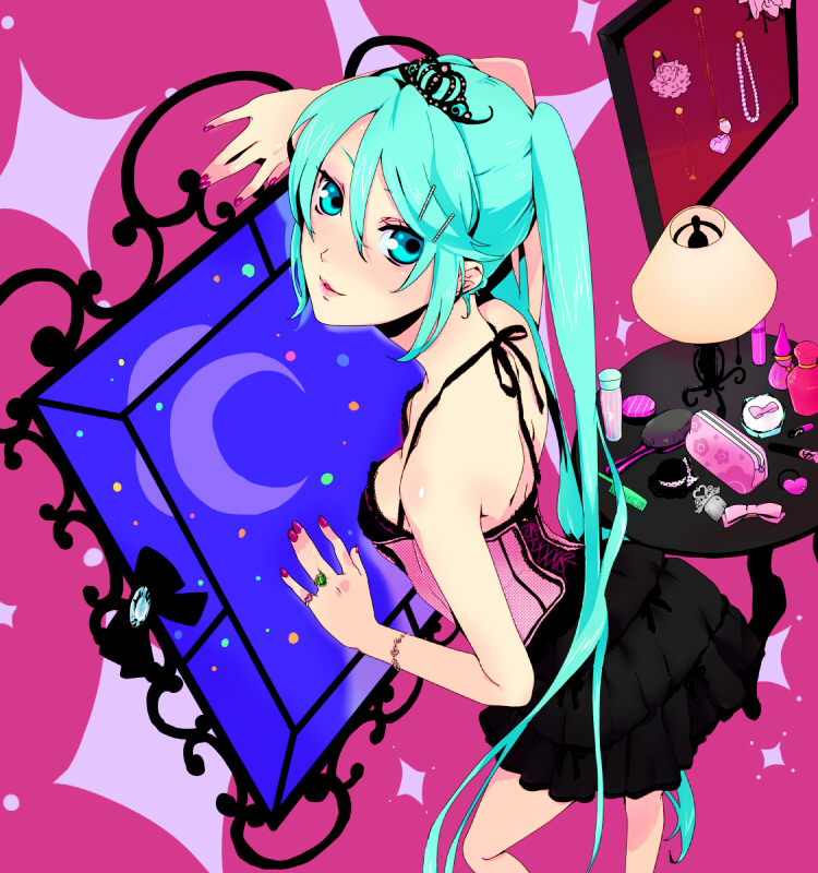 numeri, hatsune miku, romeo to cinderella (vocaloid), vocaloid, bad id, bad pixiv id, 1girl, aqua eyes, aqua hair, blue eyes, blue hair, blush, bottle, bracelet, camisole, comb, corset, cosmetics, crown, fashion, female focus, hair brush, hair ornament, hairclip, hairpin, jewelry, lipstick, lipstick tube, long hair, makeup, matching hair/eyes, moon, nail polish, necklace, perfume (cosmetics), perfume bottle, pink nails, ribbon, ring, room, skirt, smile, solo, table, tiara, twintails, window