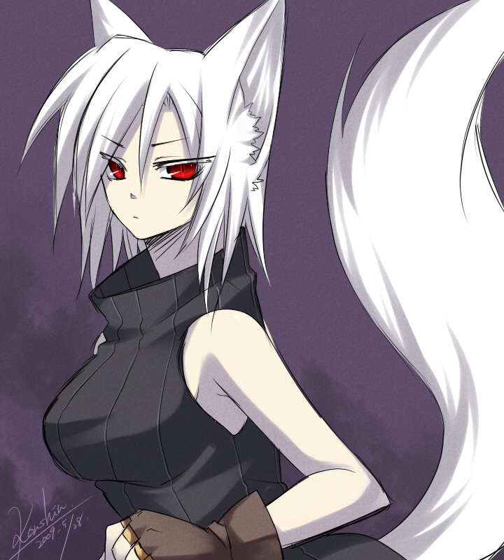 konshin, abelia (konshin), inari, original, 1girl, animal ears, bare shoulders, breasts, female focus, fingerless gloves, fox ears, fox tail, gloves, large breasts, red eyes, short hair, simple background, solo, tail, white hair