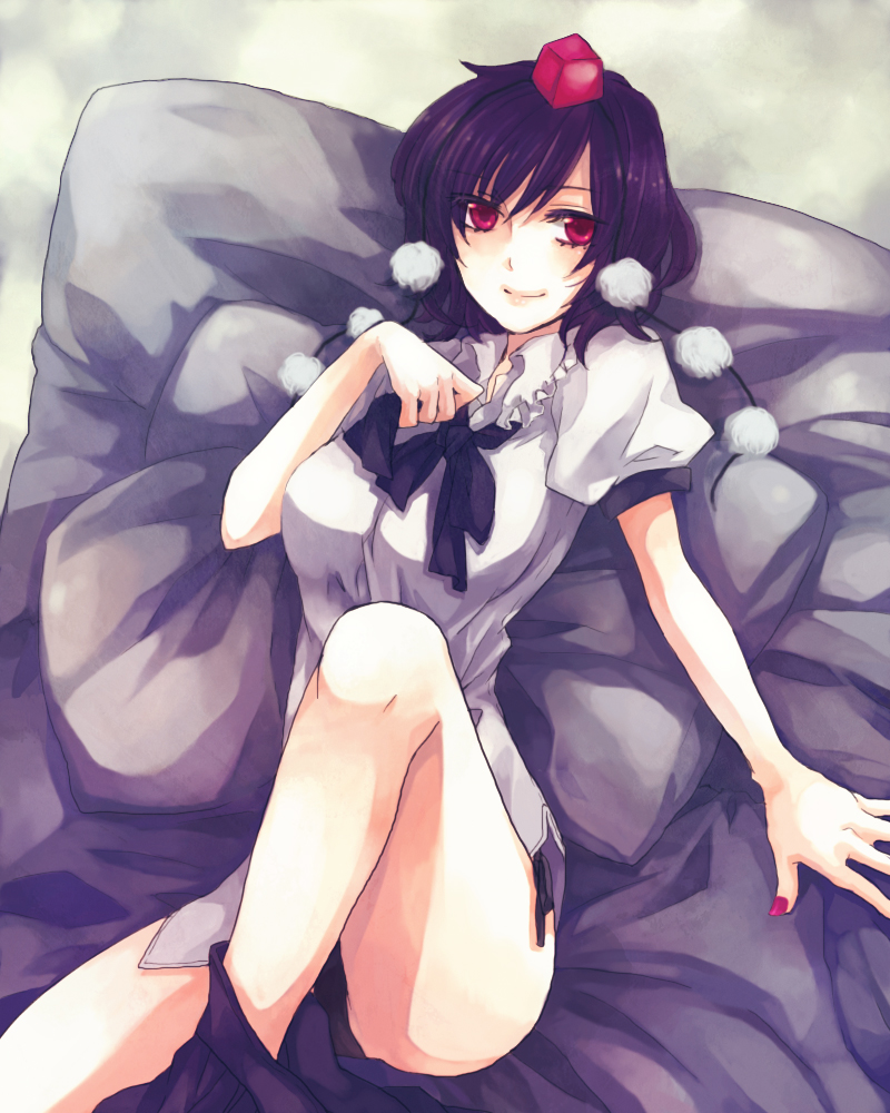 maco (munya), shameimaru aya, touhou, bad id, bad pixiv id, 1girl, black hair, female focus, fingernails, hat, nail (hardware), red eyes, sitting, solo, tokin hat