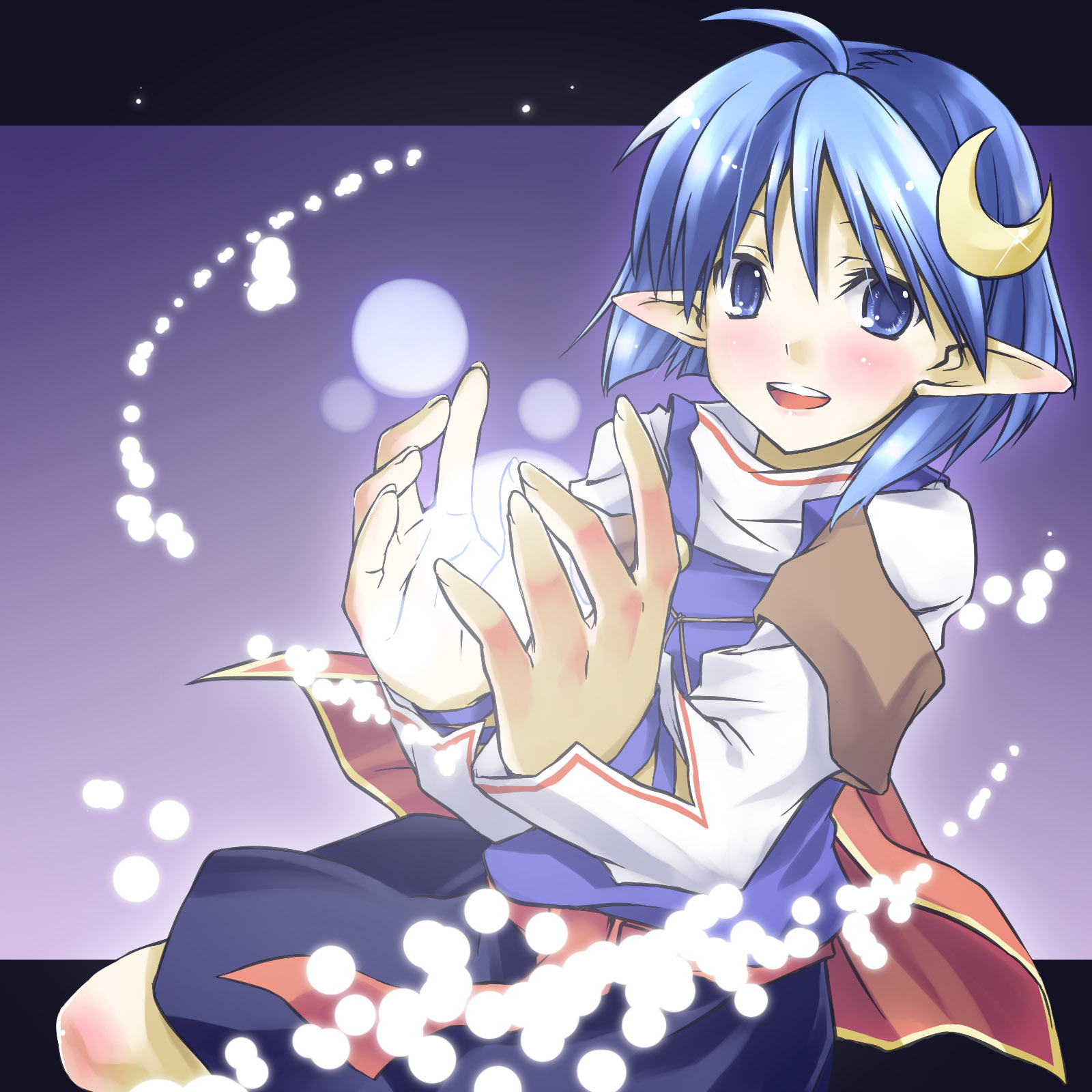 yuuki eishi, rena lanford, star ocean, star ocean: the second story, highres, 1girl, ahoge, blue eyes, blue hair, crescent, crescent hair ornament, elf, female focus, hair ornament, matching hair/eyes, pointy ears, short hair, solo