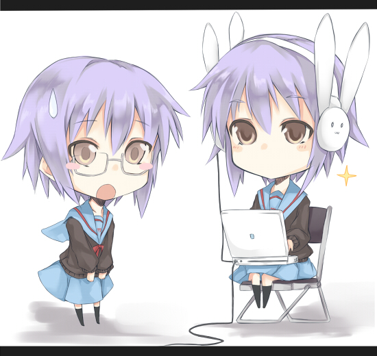 sasaki kouhei, nagato yuki, suzumiya haruhi-chan no yuuutsu, suzumiya haruhi no yuuutsu, 00s, 1girl, animal ears, bunny headphones, cardigan, chibi, computer, glasses, headphones, laptop, multiple views, purple hair, rabbit ears, school uniform, serafuku, short hair, sweatdrop