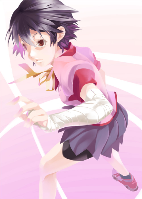 mizuki makoto, kanbaru suruga, bakemonogatari, monogatari (series), 00s, 1girl, bandages, bike shorts, black hair, female focus, school uniform, short hair, solo