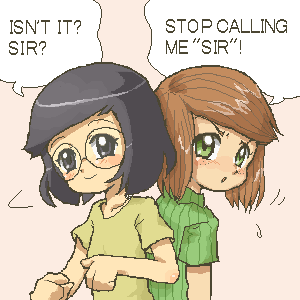 kasuga (kasuga39), marcie (peanuts), peppermint patty, peanuts (comic), lowres, translated, 2girls, animification, back-to-back, black eyes, black hair, blush, brown hair, english text, glasses, green eyes, jaggy lines, multiple girls, oekaki, round eyewear, shirt, short hair, smile, speech bubble, t-shirt