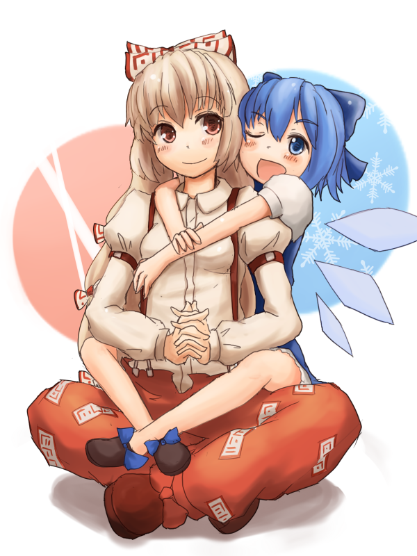 kokotetsu, cirno, fujiwara no mokou, touhou, silver hair, bad id, bad pixiv id, 2girls, blue eyes, blue hair, blush, bow, hair ribbon, hug, long hair, multiple girls, no socks, one eye closed, red eyes, ribbon, short hair, suspenders, wings, wink