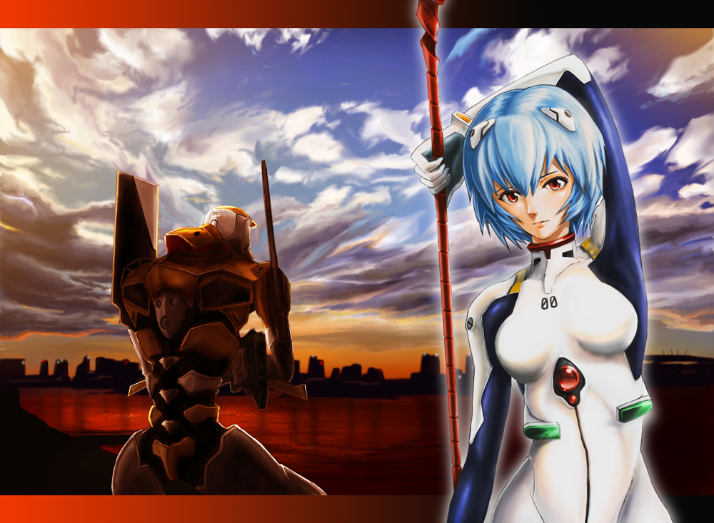 komgakure, ayanami rei, eva 00, neon genesis evangelion, rebuild of evangelion, light, bad id, bad pixiv id, 00s, 1girl, blue hair, bodysuit, city, cloud, day, female focus, hair ornament, hairclip, lance, lance of longinus (evangelion), mecha, mecha pilot suit, pale skin, plugsuit (evangelion), polearm, red eyes, robot, shadow, short hair, sky, solo, spear, sunset, weapon