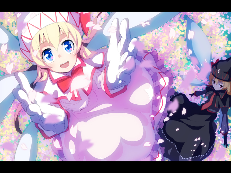 hipoguri, kasuga ayumu (artist), kasuga ayumu (haruhipo), lily black, lily white, touhou, bad id, bad pixiv id, 2girls, blonde hair, blue eyes, cherry blossoms, dual persona, female focus, foreshortening, gloves, letterboxed, multiple girls, outstretched hand, petals, white gloves