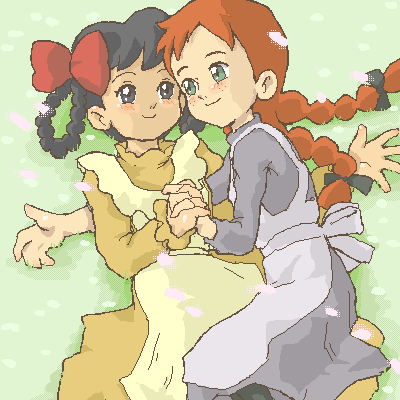 kasuga (kasuga39), anne shirley, diana barry, anne of green gables, nippon animation, world masterpiece theater, lowres, 2girls, black eyes, black hair, blue eyes, blush, braid, jaggy lines, long hair, lying, multiple girls, oekaki, pantyhose, petals, red hair, ribbon, smile, twin braids