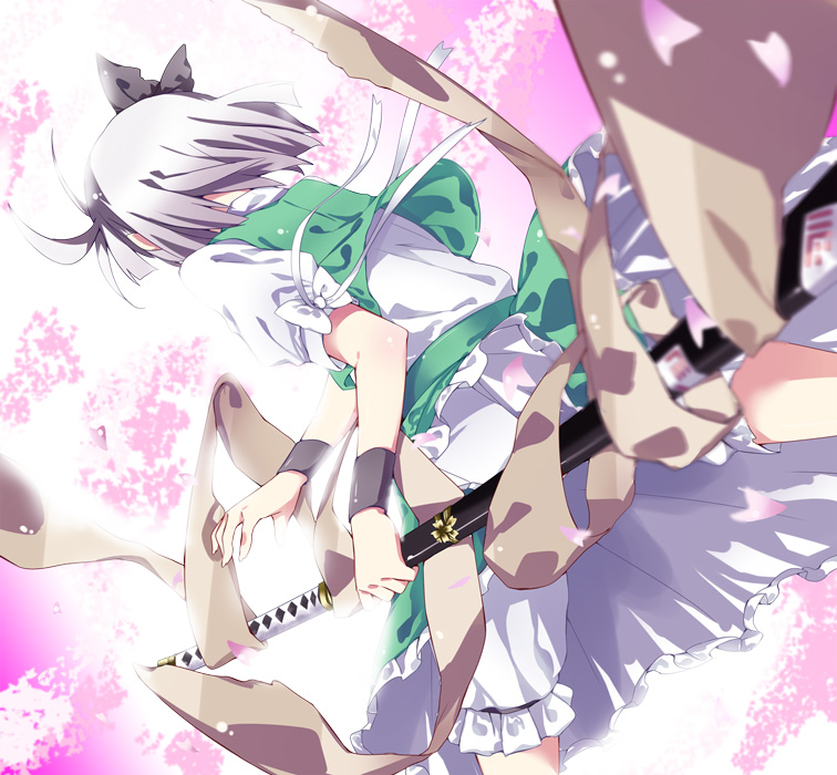 subachi, konpaku youmu, touhou, bad id, bad pixiv id, 1girl, back, bloomers, blurry, bow, depth of field, female focus, gradient background, hairband, katana, skirt, solo, sword, underwear, weapon, white background, white hair, wristband