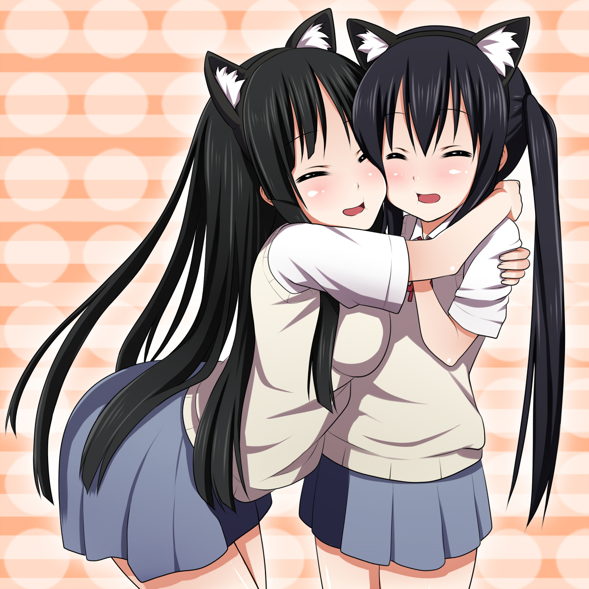 aoinagi, akiyama mio, nakano azusa, k-on!, highres, 00s, 2girls, = =, animal ears, asymmetrical docking, black hair, blush, breast press, breasts, cat ears, cheek-to-cheek, closed eyes, heads together, hug, leaning forward, long hair, multiple girls, school uniform, skirt, twintails, very long hair, yuri