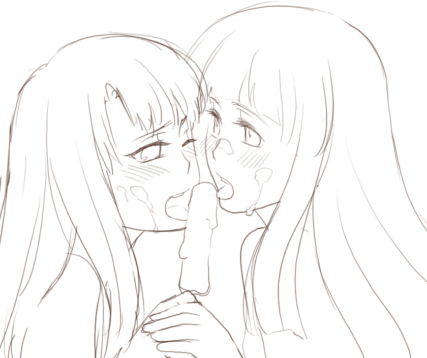 furude rika, illyasviel von einzbern, 4chan, fate/stay night, fate (series), higurashi no naku koro ni, artist request, source request, 00s, 2girls, crossover, food, greyscale, monochrome, multiple girls, popsicle, sexually suggestive