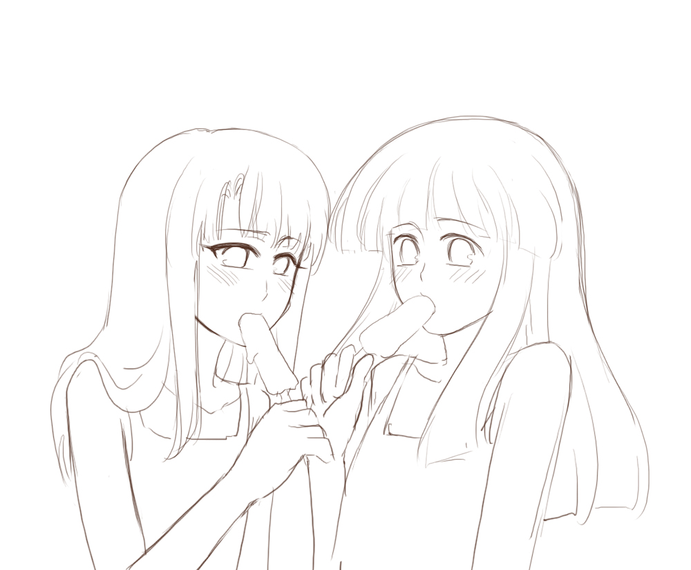 furude rika, illyasviel von einzbern, fate/stay night, fate (series), higurashi no naku koro ni, 00s, crossover, food, greyscale, monochrome, popsicle