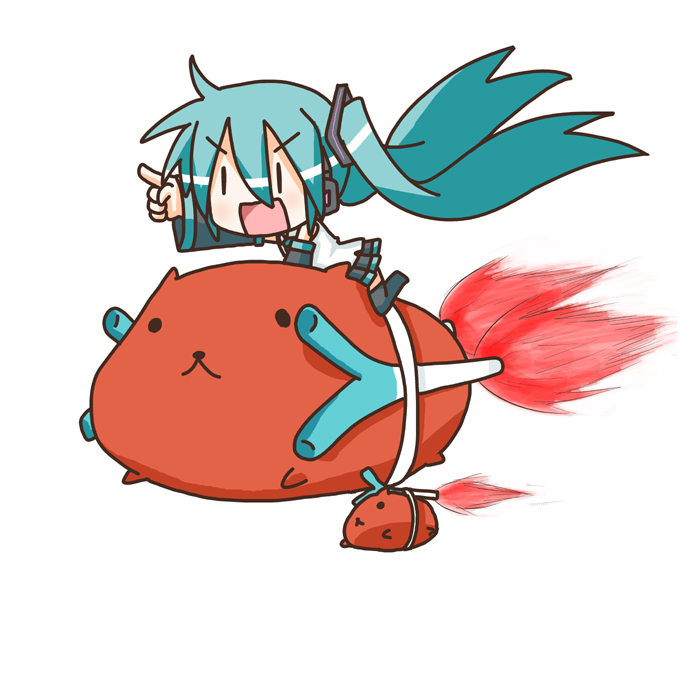minami (colorful palette), capybara-san, chibi miku, hatsune miku, vocaloid, capybara, chibi, flying, rocket, solo, spring onion, | |