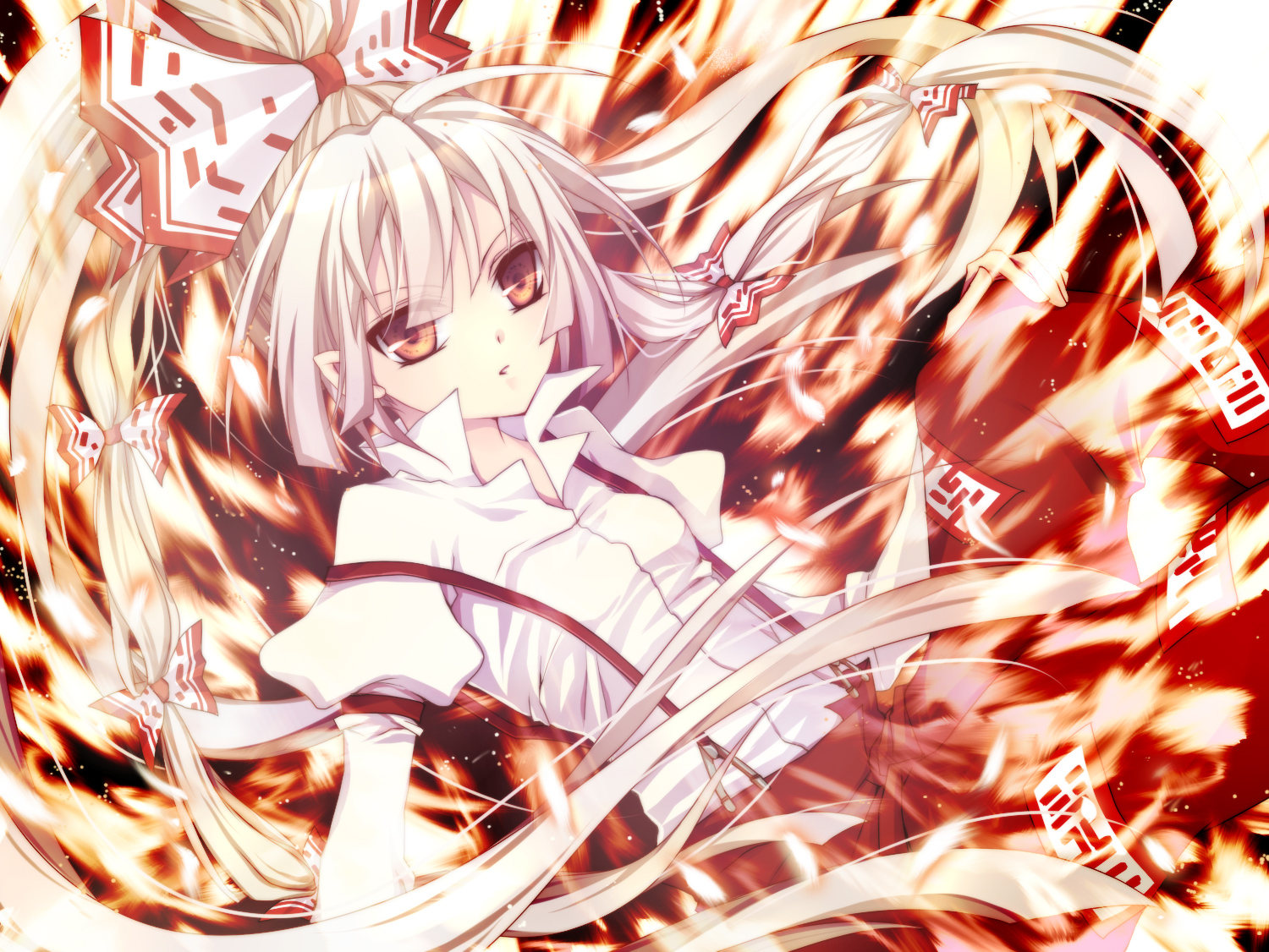 mikazuki sara, fujiwara no mokou, touhou, silver hair, bad id, bad pixiv id, 1girl, bow, female focus, fire, hair ribbon, long hair, pants, red eyes, ribbon, solo, suspenders