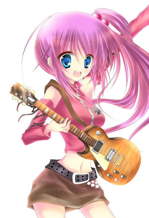 asakura hayate, asakura ibuki, saigusa haruka, little busters!, bad id, bad pixiv id, belt, blue eyes, crop top, detached sleeves, guitar, hair bobbles, hair ornament, instrument, long hair, midriff, navel, purple hair, side ponytail, sleeveless, sleeveless turtleneck, solo, turtleneck