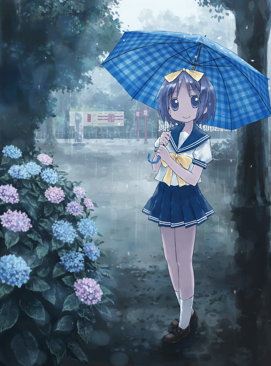 isou nagi, hiiragi tsukasa, lucky star, highres, 00s, 1girl, blue eyes, blue hair, female focus, flower, hydrangea, matching hair/eyes, rain, school uniform, serafuku, short hair, solo, umbrella