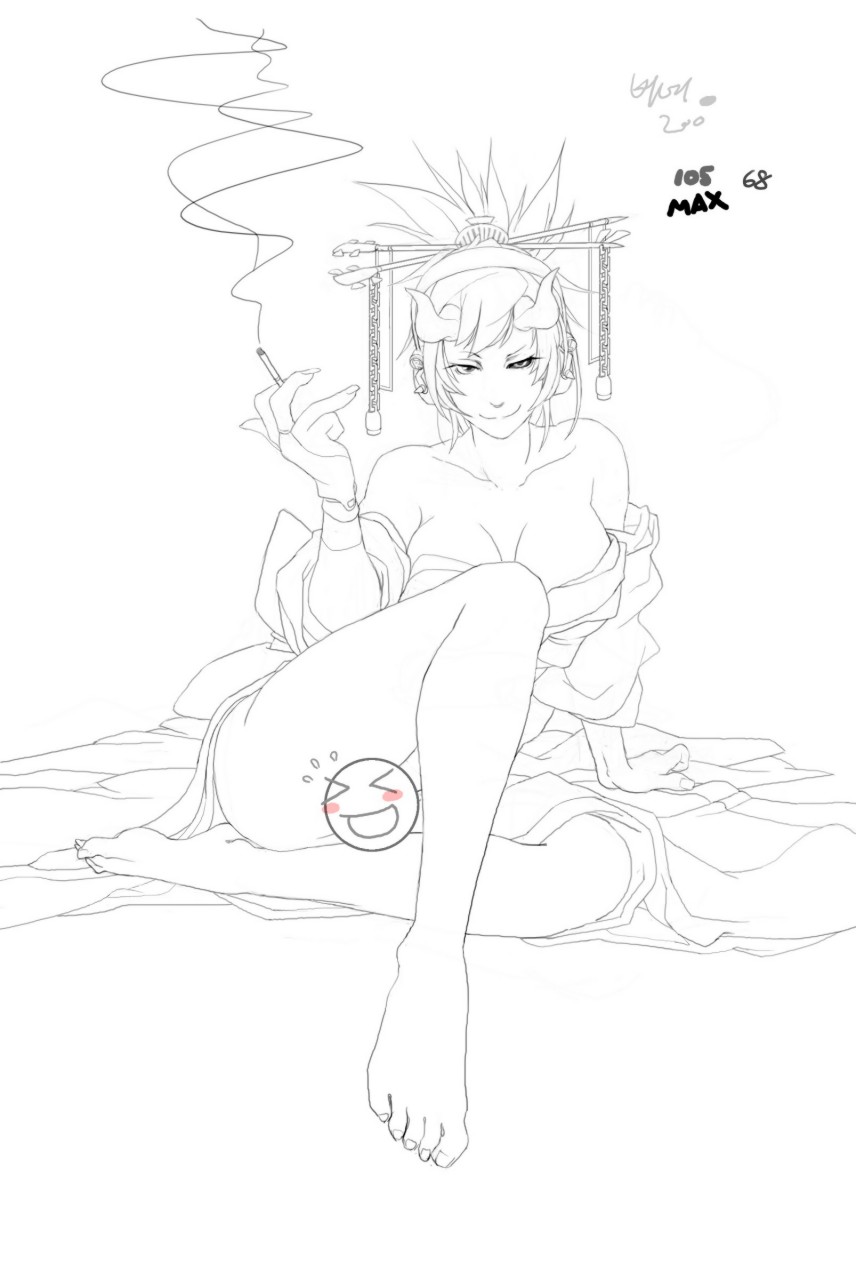 circle a, original, highres, > <, 1girl, arm support, bare shoulders, barefoot, blush stickers, censored, chain, cigarette, closed eyes, comb, feet, female focus, greyscale, hair ornament, headdress, horns, japanese clothes, kimono, lineart, monochrome, naughty face, open clothes, sitting, sketch, smoke, solo, sweat, toes