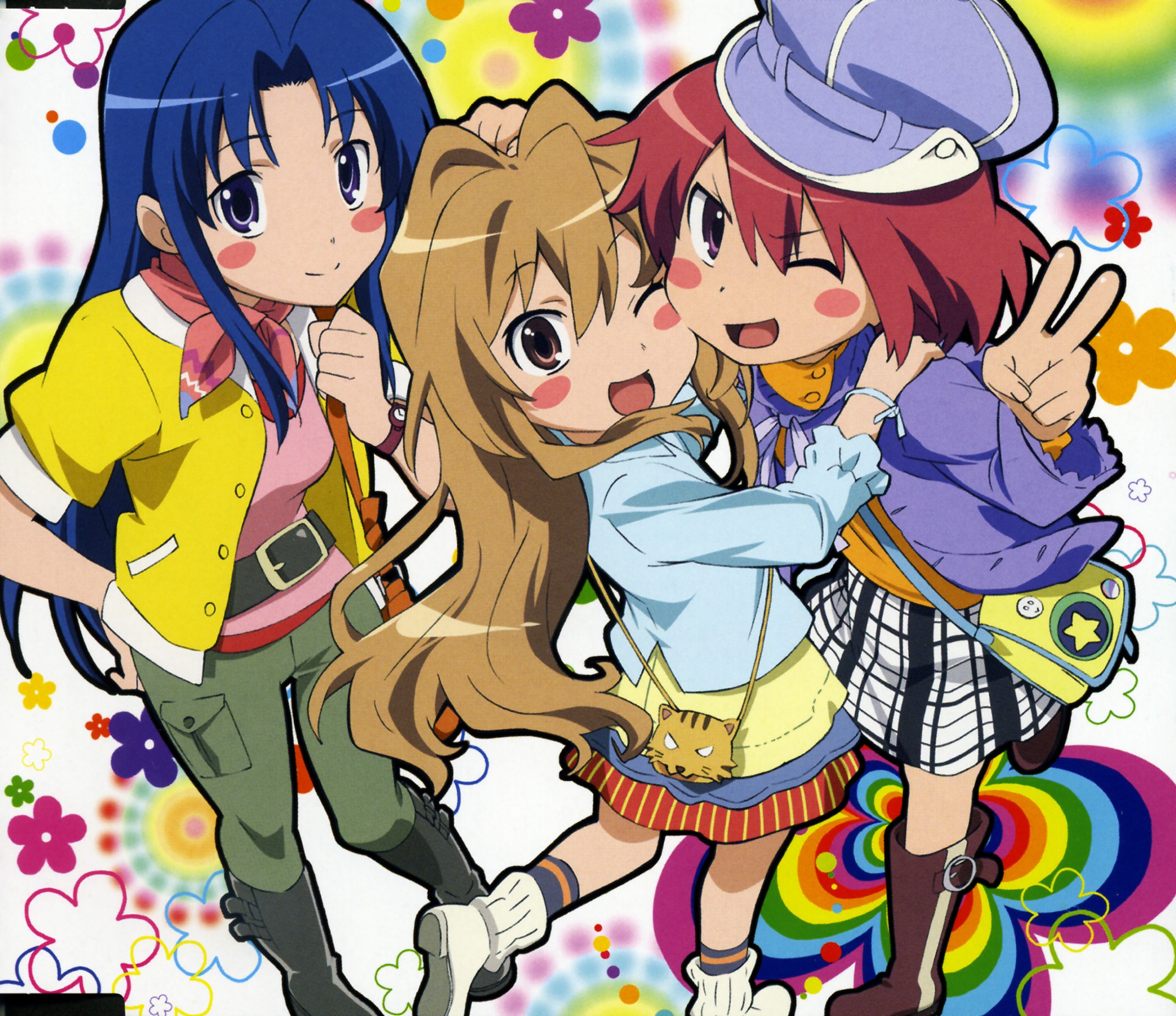 aisaka taiga, kawashima ami, kushieda minori, palmtop tiger, toradora!, highres, official art, 00s, 3girls, bag, blue eyes, blue hair, boots, brown eyes, brown hair, casual, fashion, handbag, hat, long hair, multiple girls, one eye closed, red eyes, red hair, short hair, tiger, v, watch, wink, wristwatch