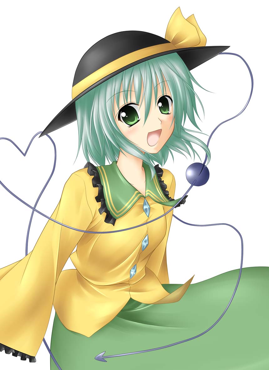kirisaki byakko, komeiji koishi, touhou, 1girl, female focus, green eyes, green hair, hat, matching hair/eyes, open mouth, short hair, smile, solo