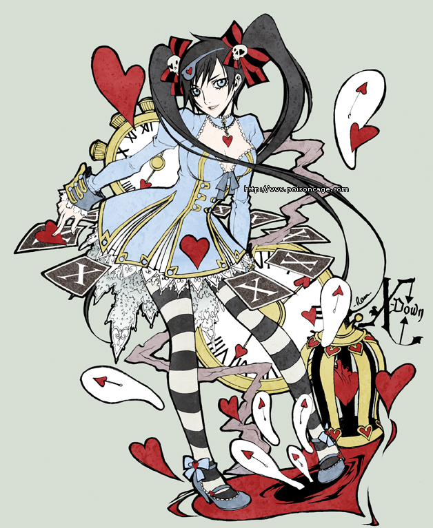 rannsama, alice's adventures in wonderland, black hair, blue eyes, bow, clock, dress, frills, gothic lolita, heart, high heels, lolita fashion, ribbon, solo, striped clothes, striped ribbon, striped thighhighs, thighhighs