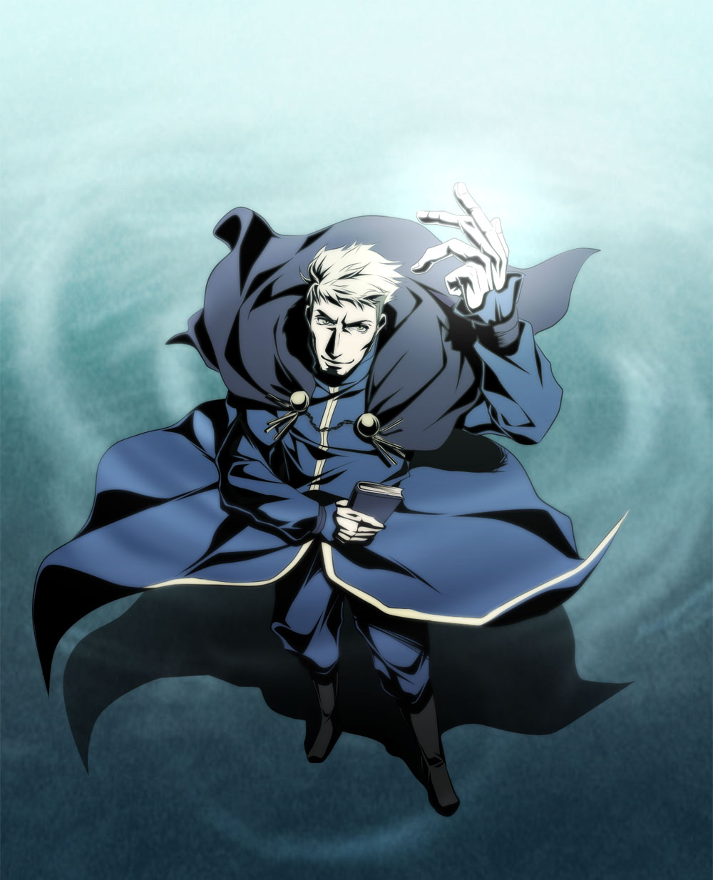 killingrock, goenitz, snk, the king of fighters, bad id, bad pixiv id, highres, 1boy, belt, blonde hair, buckle, cape, long sleeves, looking at viewer, looking up, male focus, military, pants, solo, standing