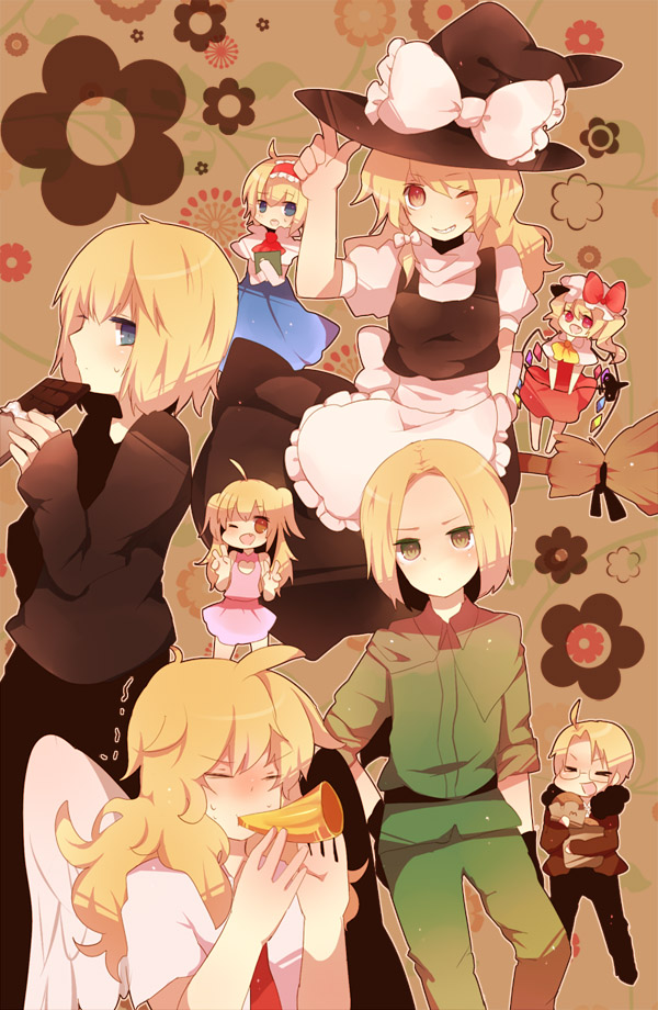 miyako (xxxbibit), myk, alice margatroid, america (hetalia), flandre scarlet, kirisame marisa, mello (death note), poland (hetalia), axis powers hetalia, death note, touhou, bad id, bad pixiv id, 00s, 6+girls, blonde hair, blue eyes, bow, broom, candy, chibi, chocolate, chocolate bar, closed eyes, crossover, eating, fang, food, glasses, gloves, grin, hat, headband, horns, multiple girls, one eye closed, ribbon, single horn, smile, wings, wink