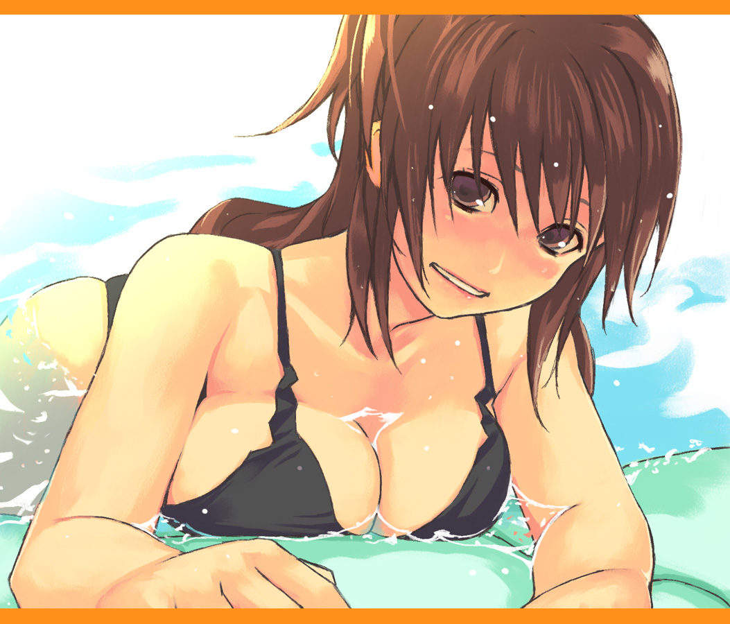 yuuji (and), original, bad id, bad pixiv id, 1girl, bikini, black bikini, breast press, breasts, brown eyes, brown hair, cleavage, female focus, grin, large breasts, letterboxed, long hair, looking at viewer, purple eyes, raft, smile, solo, summer, swimsuit, water, wet