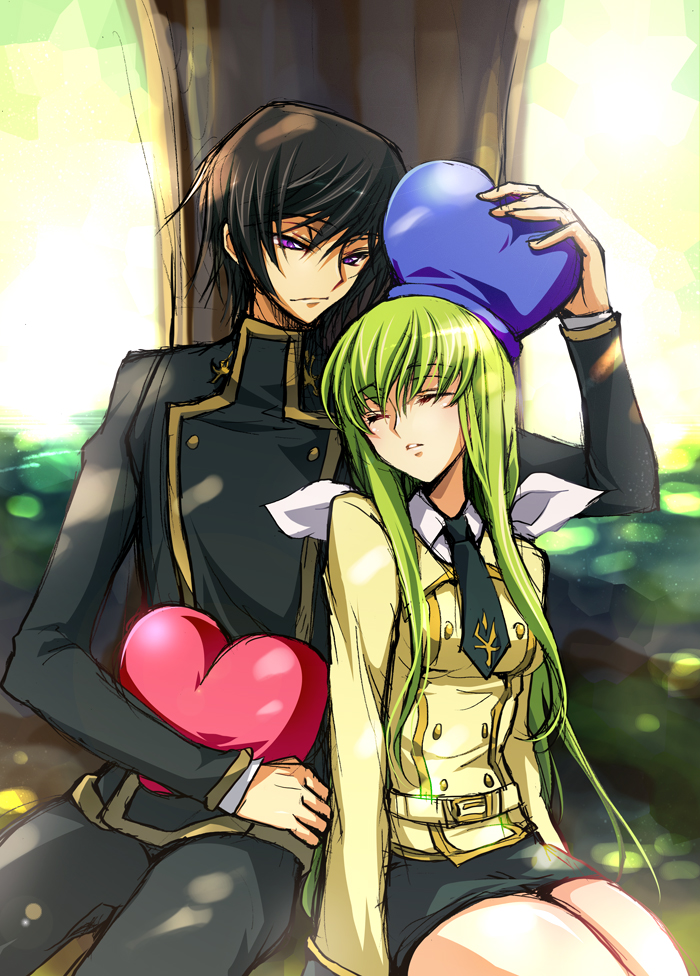 creayus, c.c., lelouch vi britannia, code geass, 00s, 1boy, 1girl, black hair, closed eyes, couple, green hair, hat, hetero, long hair, purple eyes, ribbon, school uniform, sleeping, very long hair