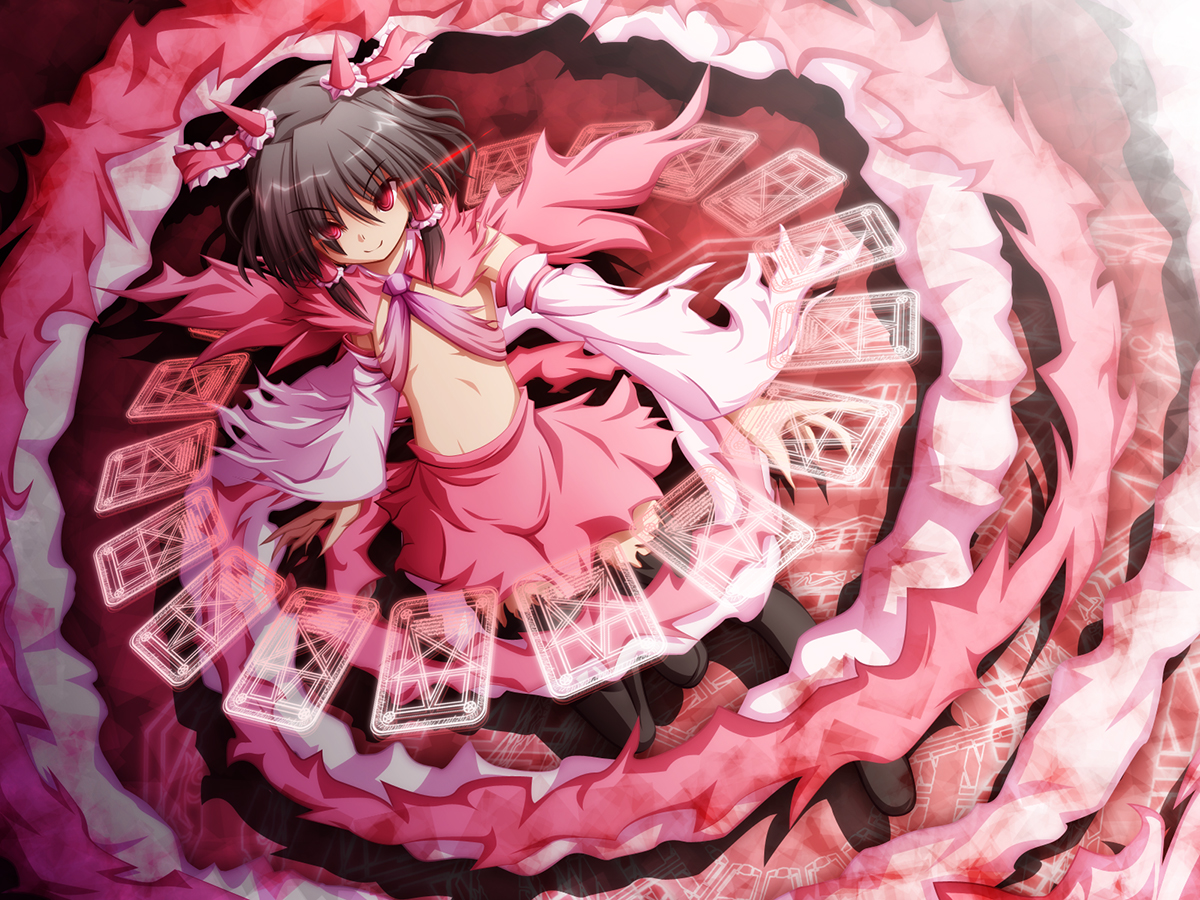 akashio (loli ace), hakurei reimu, touhou, bad id, bad pixiv id, 1girl, detached sleeves, female focus, flat chest, horns, japanese clothes, miko, pentagram, red eyes, skirt, solo, thighhighs