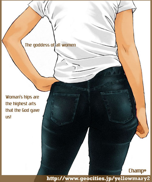 champ+, original, 1girl, ass, back, contrapposto, denim, english text, engrish text, female focus, from behind, hand on own hip, hip focus, jeans, pants, ranguage, shirt, solo, standing