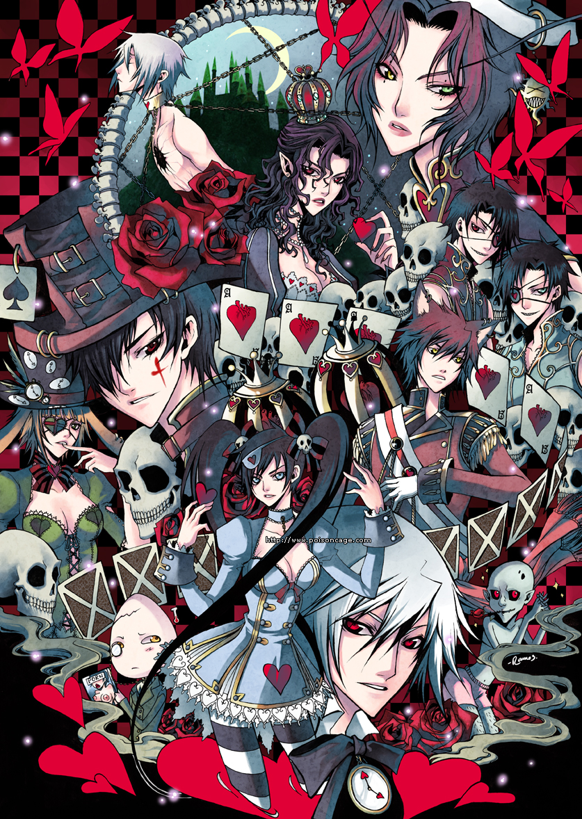 rannsama, alice's adventures in wonderland, striped legwear, 4girls, 6+boys, animal ears, belt, black hair, bone, breasts, card, castle, cat ears, chain, cleavage, clock, crescent, crescent moon, crown, elf, everyone, eyepatch, fangs, floating card, flower, goth fashion, gothic lolita, green eyes, hat, heterochromia, jewelry, large breasts, lolita fashion, monocle, monocle chain, moon, multiple boys, multiple girls, necklace, nipples, pantyhose, playing card, pointy ears, rabbit ears, red eyes, ring, rose, skull, striped clothes, striped pantyhose, thighhighs, top hat, yellow eyes