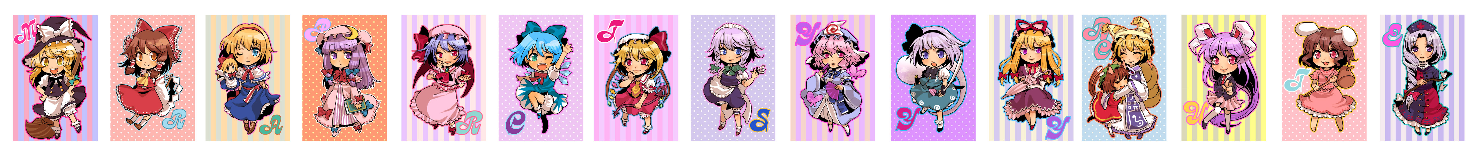 miyai nekomaru, alice margatroid, chen, cirno, flandre scarlet, hakurei reimu, inaba tewi, izayoi sakuya, kirisame marisa, konpaku youmu, konpaku youmu (ghost), patchouli knowledge, reisen udongein inaba, remilia scarlet, saigyouji yuyuko, shanghai doll, yagokoro eirin, yakumo ran, yakumo yukari, touhou, silver hair, absurdres, bad id, bad pixiv id, highres, long image, wide image, 6+girls, :<, animal ears, animal hat, barefoot, bat wings, blazer, blonde hair, blue eyes, blue hair, book, bow (weapon), braid, broom, brown hair, bug, butterfly, cat ears, cat tail, chibi, closed eyes, detached sleeves, doll, elbow gloves, fox tail, ghost, gloves, gohei, hairband, hammer, hand fan, hat, insect, jacket, japanese clothes, katana, knife, lips, long hair, long sleeves, miko, mob cap, multiple girls, multiple tails, necktie, one eye closed, pink eyes, pink hair, pleated skirt, ponytail, puffy short sleeves, puffy sleeves, purple eyes, purple hair, rabbit ears, red eyes, shoes, short hair, short sleeves, side ponytail, skirt, smile, socks, sword, tail, tassel, thighhighs, throwing knife, twin braids, umbrella, very long hair, weapon, wide sleeves, wings, wink, witch, witch hat, yellow eyes