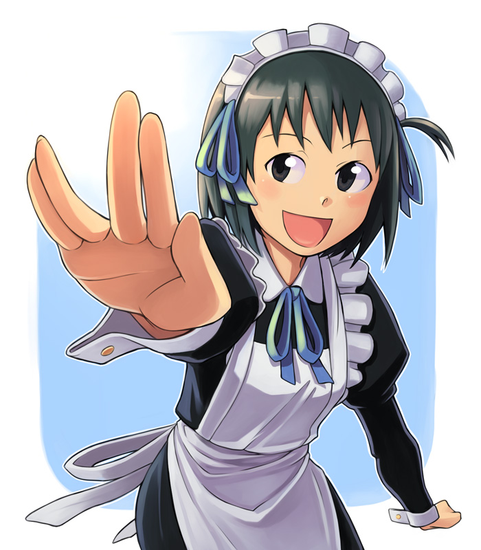 bowieknife, arashiyama hotori, soredemo machi wa mawatteiru, 1girl, :d, black hair, female focus, foreshortening, maid, open mouth, outstretched hand, ribbon, salute, short hair, smile, solo, vulcan salute