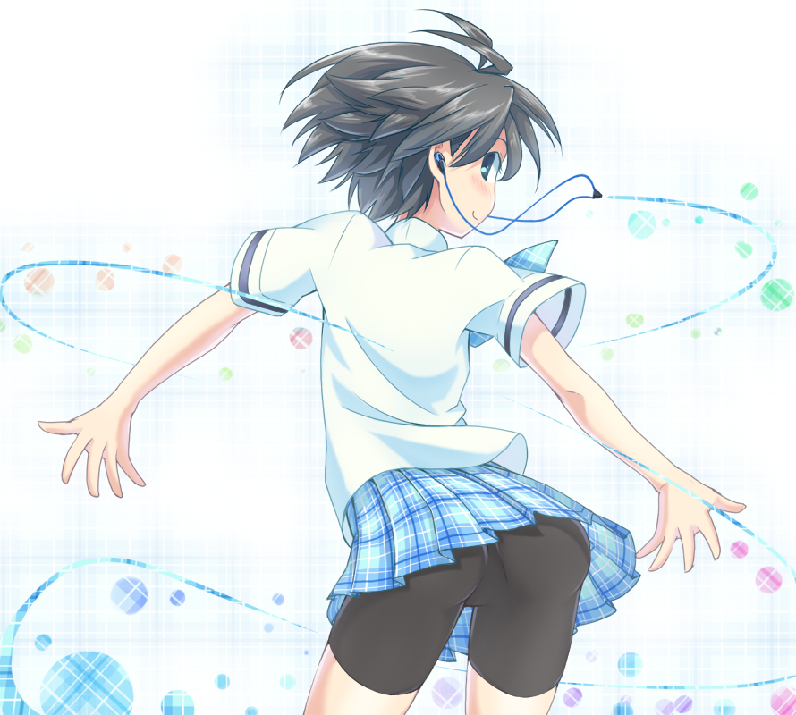 hakkaku shikimi, kikuchi makoto, idolmaster, idolmaster (classic), plaid neckwear, 00s, 1girl, ass, bike shorts, bike shorts under skirt, black hair, blue eyes, female focus, headphones, looking back, necktie, plaid clothes, plaid necktie, plaid skirt, rough time school, shorts, shorts under skirt, skirt, solo