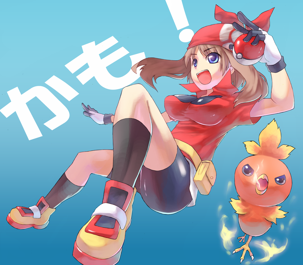 takeda kanryuusai, may (pokemon), torchic, nintendo, pokemon, bad id, bad pixiv id, 1girl, bandana, bike shorts, blue eyes, breasts, brown hair, gen 3 pokemon, gloves, hat, holding, holding poke ball, impossible clothes, impossible shirt, large breasts, latex, open mouth, poke ball, pokemon (creature), shirt, short hair