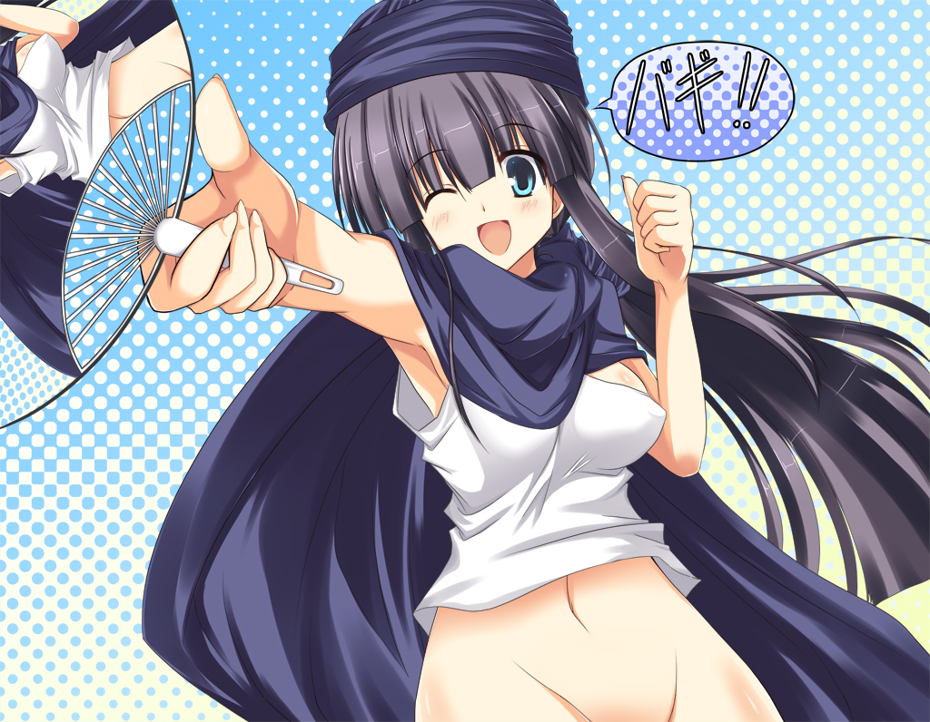 akane souichi, hero (dq5), dragon quest, dragon quest v, bad id, bad pixiv id, 1girl, armpits, black hair, blue eyes, blue hair, bottomless, covered erect nipples, female focus, genderswap, genderswap (mtf), groin, hand fan, long hair, matching hair/eyes, navel, no panties, one eye closed, open mouth, paper fan, recursion, solo, uchiwa, wink