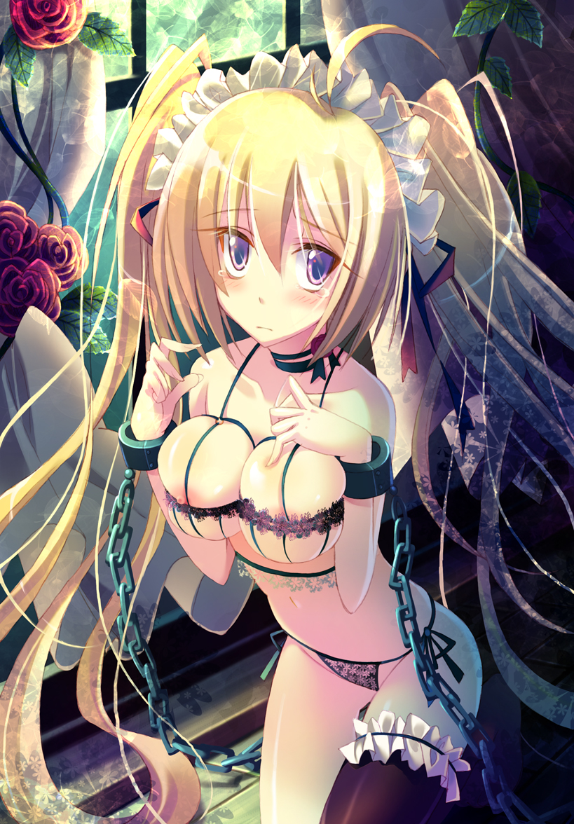 yamadori yoshitomo, original, bad id, bad pixiv id, 1girl, ahoge, asymmetrical clothes, bare shoulders, bdsm, blonde hair, blue eyes, blush, bondage, bound, breasts, chain, choker, cuffs, female focus, flower, lingerie, long hair, navel, nipple slip, nipples, plant, rose, shackles, single thighhigh, solo, tears, thighhighs, twintails, underwear, very long hair, vines, window
