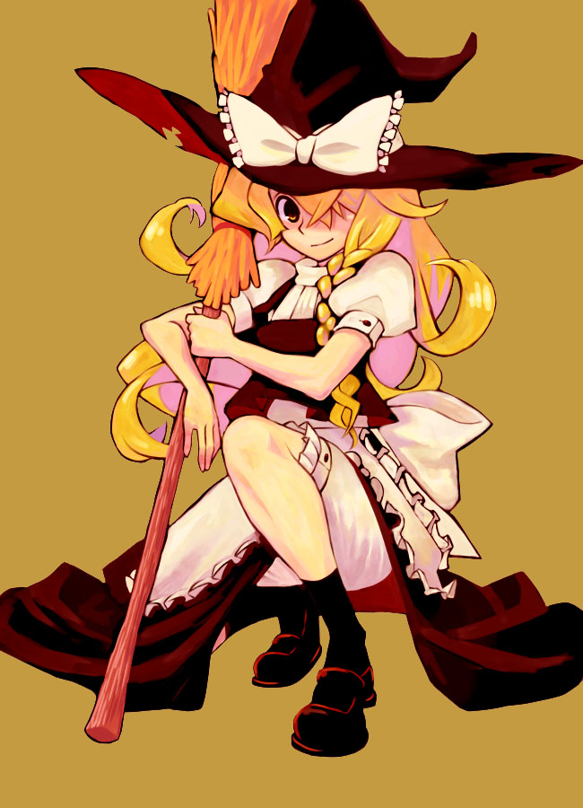 jean (jean sp), kirisame marisa, touhou, 1girl, blonde hair, braid, broom, female focus, hair over one eye, hat, short hair, side braid, simple background, socks, solo, witch, witch hat, yellow eyes