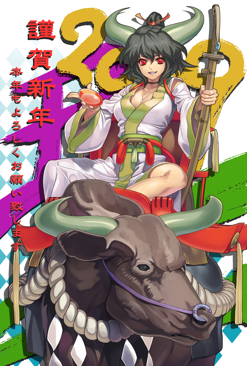 ryuutetsu, highres, 00s, 2009, alcohol, breasts, bull, cleavage, horns, large breasts, red eyes, sake, solo