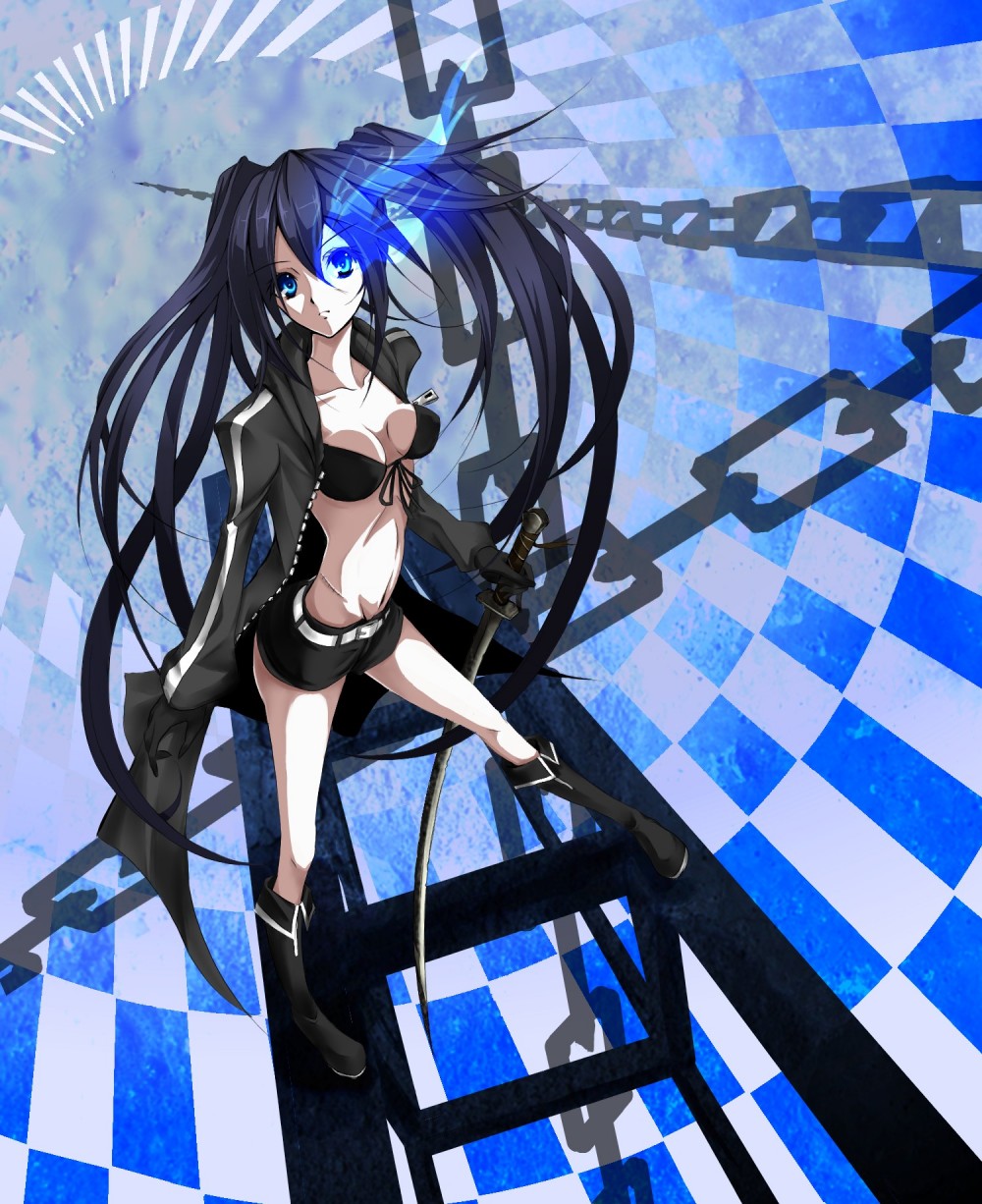 kujou ichiso, black rock shooter (character), black rock shooter, vocaloid, bad id, bad pixiv id, highres, 10s, 1girl, belt, bikini, bikini top only, black bikini, black hair, blue eyes, boots, breasts, chain, cleavage, coat, female focus, glowing, glowing eyes, katana, long hair, medium breasts, midriff, navel, scar, shorts, solo, swimsuit, sword, twintails, weapon