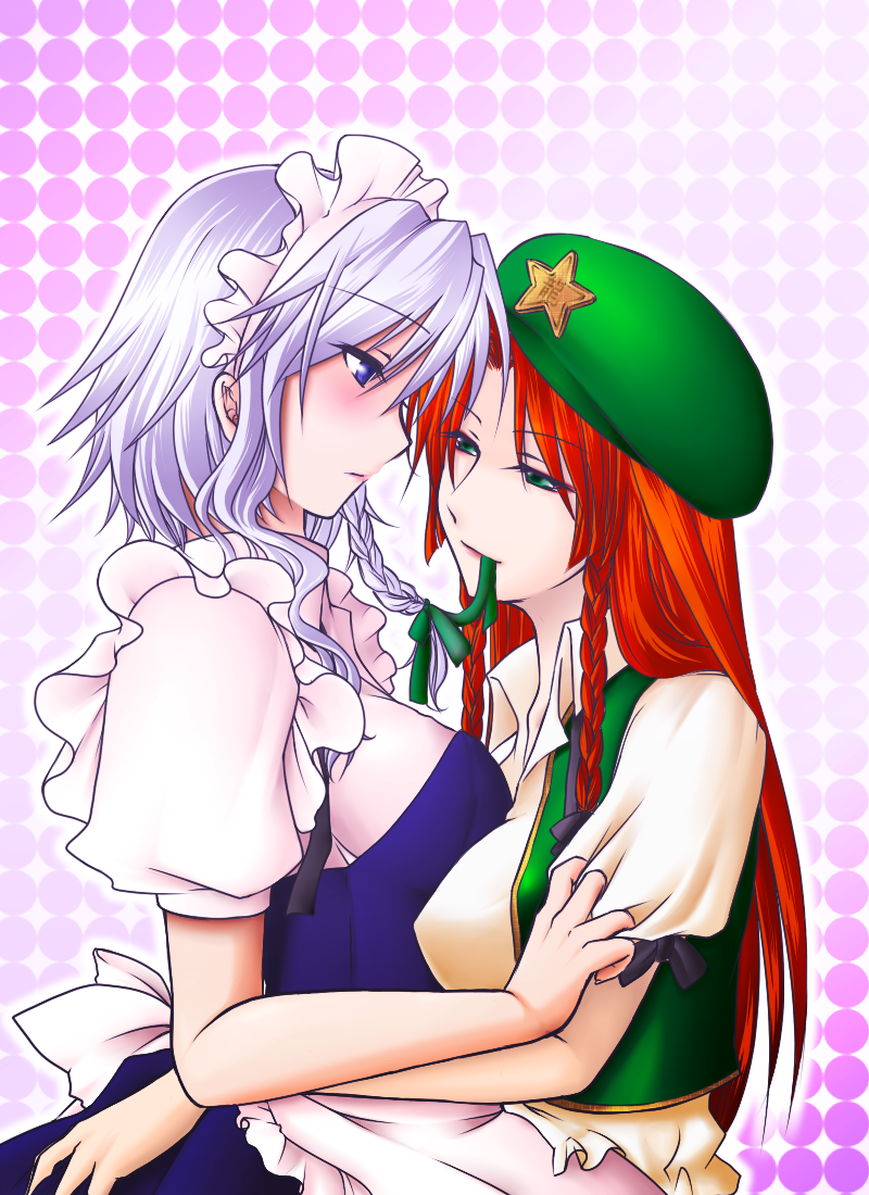tsukiyo tsubaki, hong meiling, izayoi sakuya, embodiment of scarlet devil, touhou, silver hair, bad id, bad pixiv id, 2girls, blue eyes, blush, braid, female focus, green eyes, hairband, hat, long hair, maid, mouth hold, multiple girls, red hair, short hair, twin braids, yuri