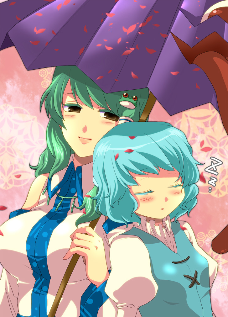 mossu, kochiya sanae, tatara kogasa, touhou, bad id, bad pixiv id, 2girls, breasts, cherry blossoms, female focus, green hair, karakasa obake, large breasts, multiple girls, oil-paper umbrella, sleeping, tongue, umbrella, yellow eyes