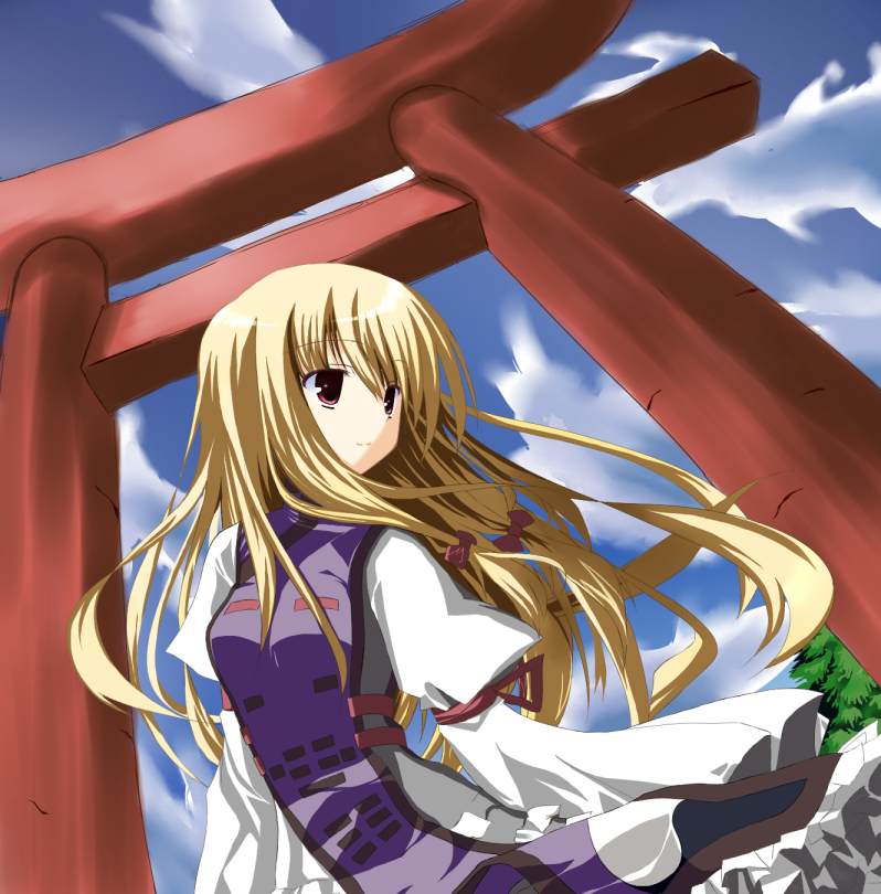 yuu yamiyo, yakumo yukari, touhou, bad id, bad pixiv id, 1girl, blonde hair, dress, female focus, hair ribbon, long hair, nature, outdoors, plant, purple eyes, ribbon, sky, solo, torii
