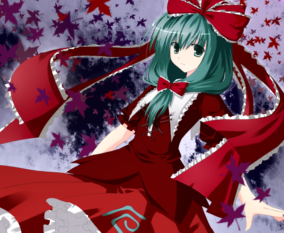 yuu yamiyo, kagiyama hina, touhou, bad id, bad pixiv id, 1girl, female focus, front ponytail, green eyes, green hair, hair ribbon, long hair, matching hair/eyes, ribbon, solo