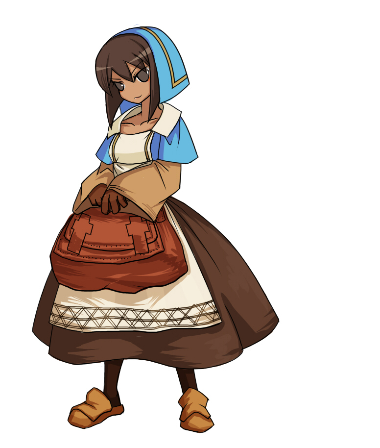 tun, chemist (fft), rapha galthena, final fantasy, final fantasy tactics, bag, blue headscarf, brown hair, class change, dark-skinned female, dark skin, eyeliner, full body, headscarf, makeup, short hair, skirt, standing