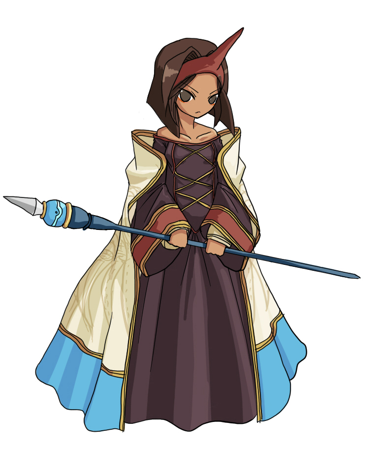 tun, rapha galthena, summoner (fft), final fantasy, final fantasy tactics, brown hair, cape, class change, dark-skinned female, dark skin, eyeliner, full body, horns, makeup, robe, short hair, single horn, staff, standing