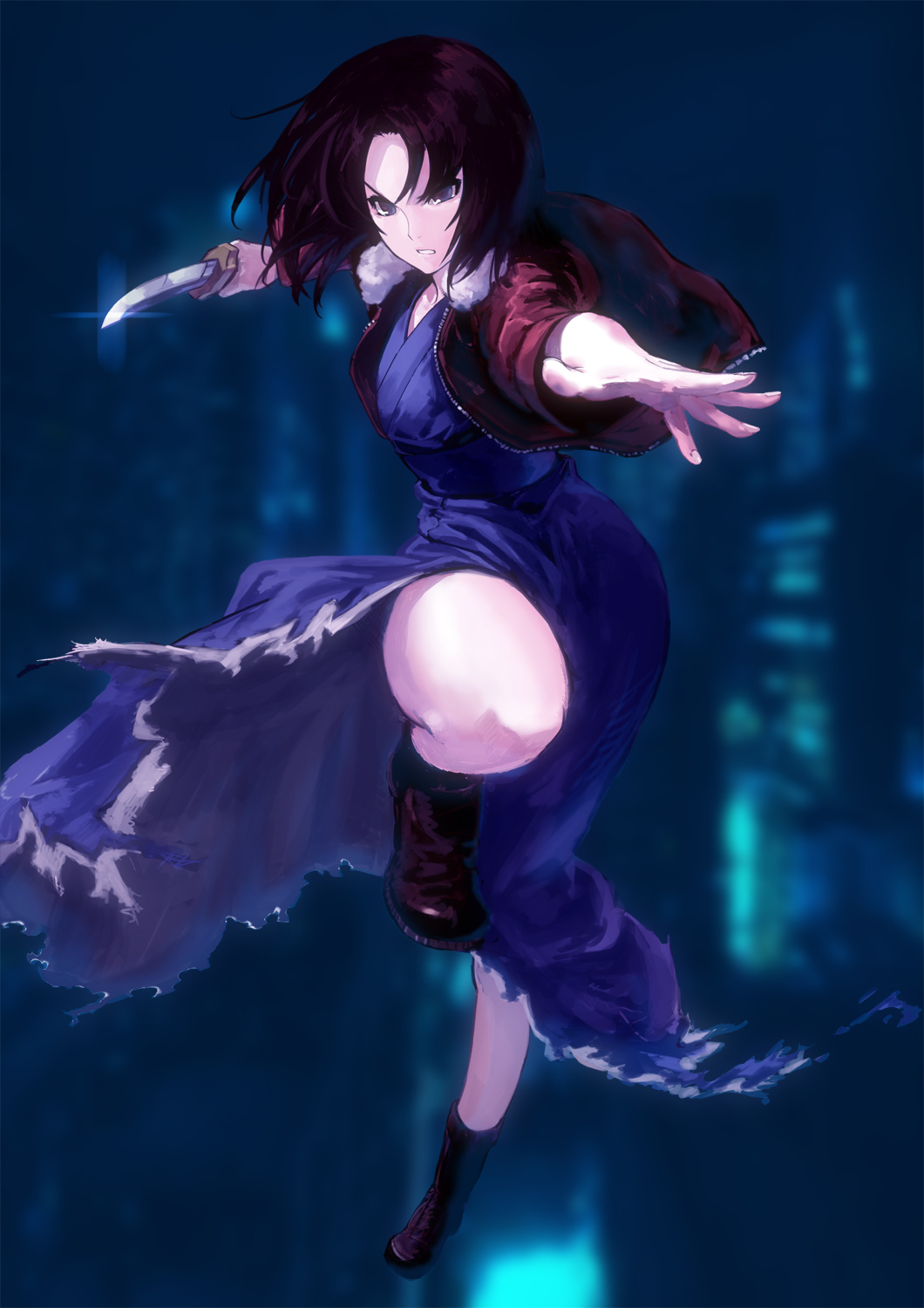 hensou, ryougi shiki, kara no kyoukai, highres, 1girl, black hair, blue eyes, female focus, foreshortening, jacket, japanese clothes, jumping, kimono, knife, red jacket, short hair, solo, torn clothes