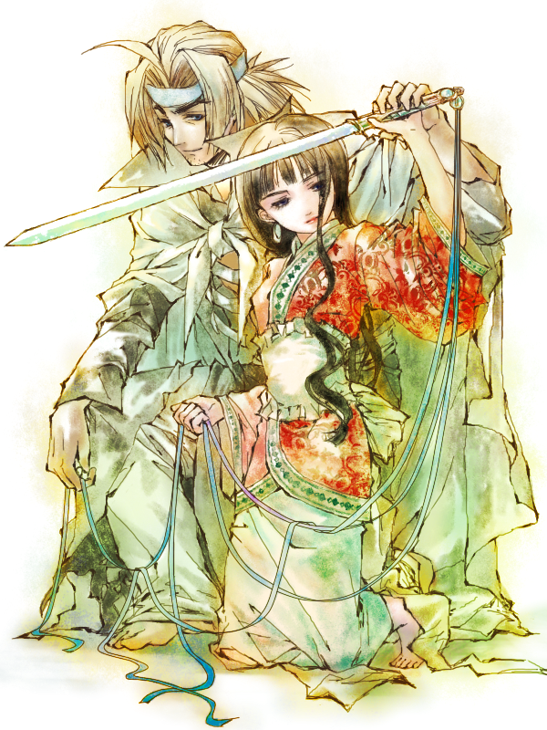 natadekoko, kashi (houshin engi), kou hiko, houshin engi, 1990s (style), 1boy, 1girl, barefoot, black hair, blonde hair, cape, couple, headband, hetero, husband and wife, sword, weapon