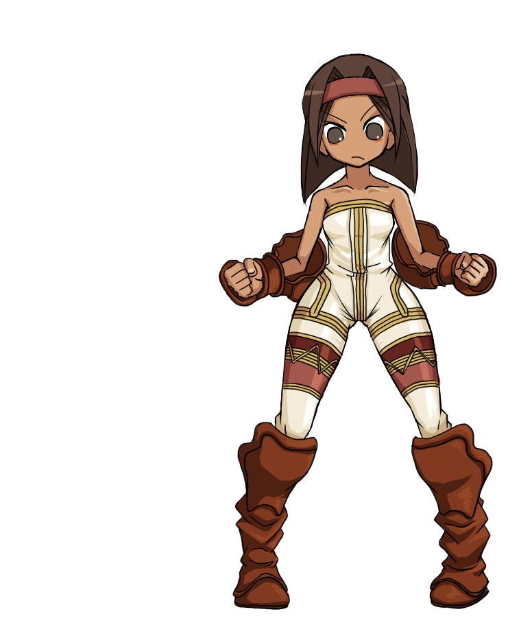 tun, monk (fft), rapha galthena, final fantasy, final fantasy tactics, boots, brown hair, class change, dark-skinned female, dark skin, eyeliner, full body, gloves, headband, makeup, short hair, simple background, standing