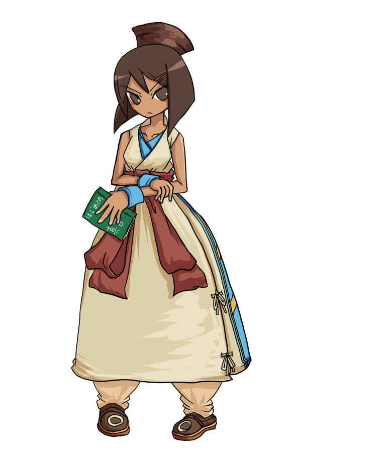 tun, mystic (fft), rapha galthena, final fantasy, final fantasy tactics, book, brown hair, class change, dark-skinned female, dark skin, eyeliner, full body, hat, makeup, robe, short hair, standing